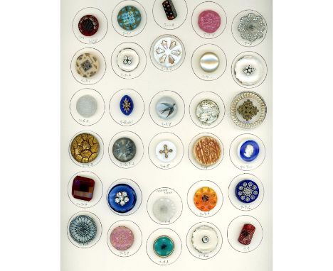 30 Medium 19th early 20th C. glass buttons incl. inlay &amp; lacy. Here is a stunning card of assorted glass buttons includin