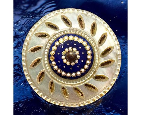 1 Large 18th century cobalt blue enamel set in pearl. Here is an exquisite cobalt blue enamel with gold paillons and white pi