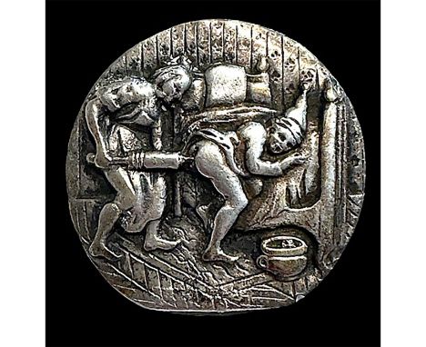 1 Medium size early 20th century "Risque" button. This is one of two buttons depicting the "Doctor and Pantelone". This is a 