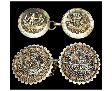 2 19th century two piece clasps including pearl and pictorials. Here are two different buckle/clasps, one shows us a two piec