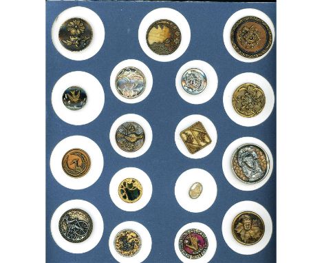 17 Medium/Large 19th century buttons including shell. This partial card includes a great bicyclist, a notice square Victorian