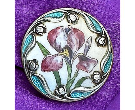 1 Medium 19th century Art Nouveau IRIS example. This exquisite button depicts a purple Iris in the center in polychrome hand 