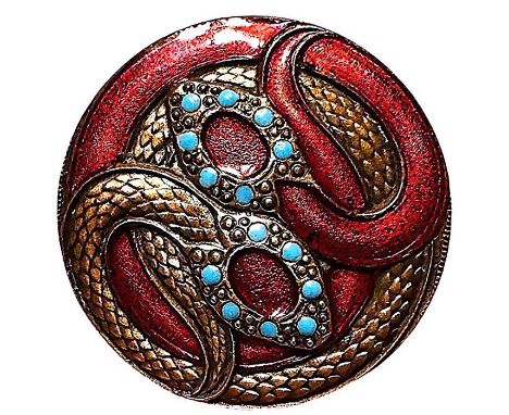1 Medium 19th century coiled snake button. This detailed brass and red enamel coiled snake is accented with encrusted turquoi