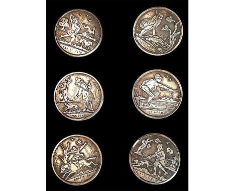 6 Medium silvered brass early 20th C. sporting scene buttons. This lot consists of 6 different scenes depicting sporting even