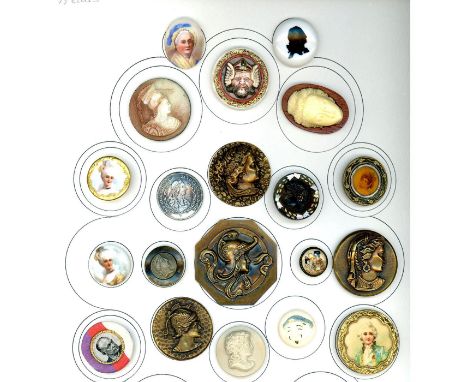 20 Medium/Large 19th-20th century assorted material examples. Here is a nice card of male and female heads in assorted materi