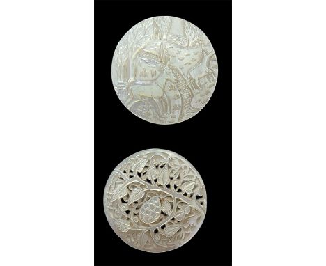 2 Large 20th century carved Bethlehem Pearl examples. Here we have two different pictorial examples from the early 1930's whe
