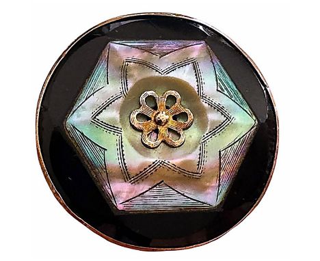 1 Large 19th century black glass in metal with pearl example. This is such a cool and beautiful button from the collection of