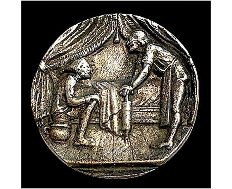 1 Medium size early 20th century "Risque" button. This is one of two buttons depicting the "Doctor and Pantelone". This is a 