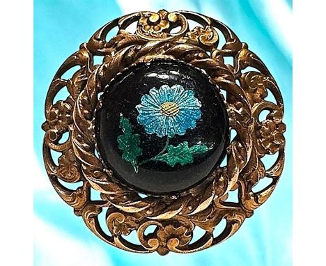 1 Large 19th century multi colored enamel in an ornate setting. Here is an absolutely gorgeous foil embedded enamel button fr
