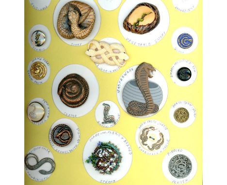 17 S/M/L 19th-20th century assorted material examples. This card of snakes includes realistics and other shapes. Materials in