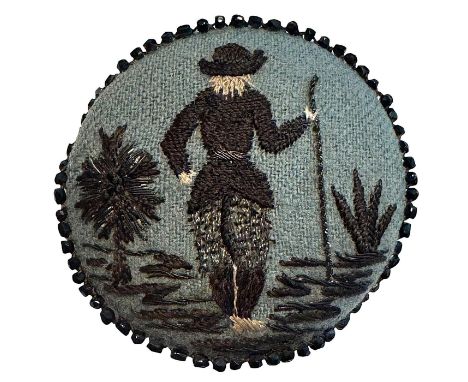 1 Large 18th century embroidered fabric male figure button. We have once again been entrusted to bring you two more of these 