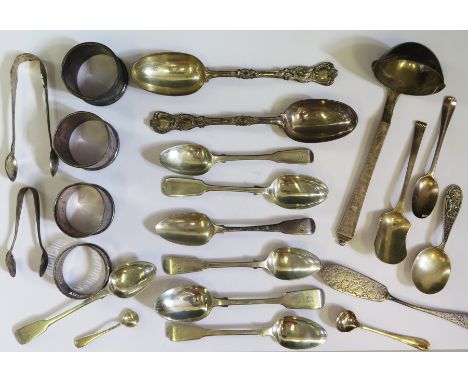 A Selection of Silver Spoons, napkin rings and 'Little Boy Blue' caddy spoon, 281g 