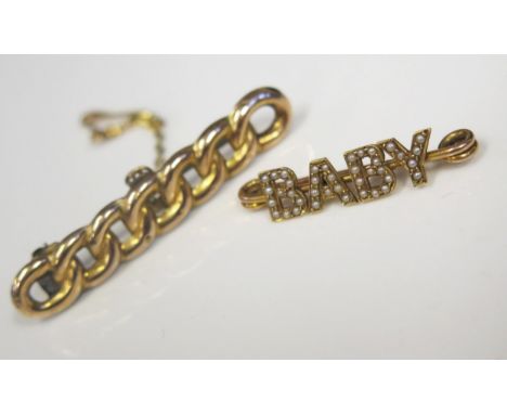 A 9ct Gold Link Brooch (2.4g) and unmarked gold and seed pearl 'BABY' brooch (2.2g) 