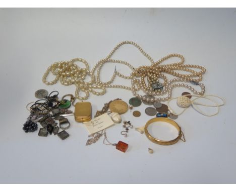 A Selection of Costume Jewellery including a Limoges enamel pendant, earrings, carved bone, coins, a selection of synthetic p