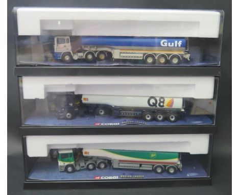 Three Corgi 1:50 Scale Articulated DAF and ERF Fuel Tankers Including BP, Gulf and Q8. 