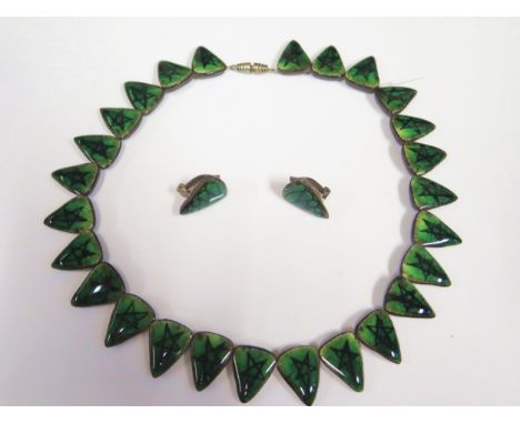 A Danish Alice Lund Ceramic Green Glazed 16.5" Necklace with similar clip earrings 