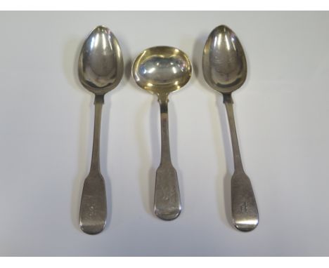 A Pair of Victorian Silver Serving Spoons (London 1839, John Harris V) and George III silver sauce ladle (London 1819, Jonath