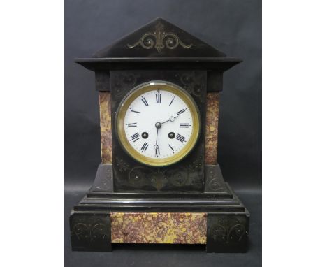 A Victorian Slate and Marble Mantle Clock, overwound 