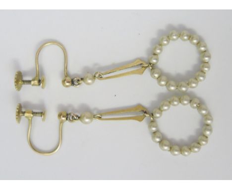 A Pair of 9ct Gold and Pearl Hoop Screw Back Earrings, 34mm diam., 1.8g 