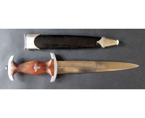 German SA Type Knife.  Inscribed Blade.  Wood Grip and Black painted Scabbard. 