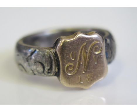 An Early Exeter Silver and Gold Ring engraved with initial N 180V, marks rubbed J.W&amp;Co, size K.5, 8.3g 