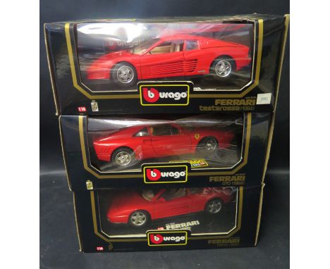 Three Bburago (Burago) 1:18 Scale Model Ferraris Boxed Including 3019 testarossa (1984), 3027 and 3039.