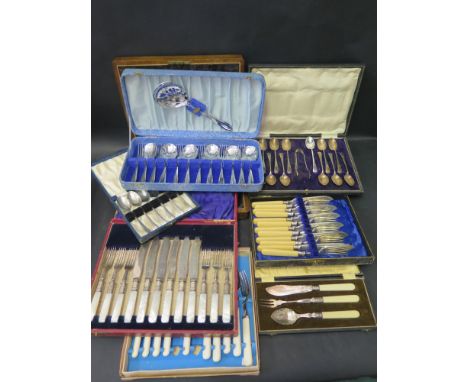 A Large Selection of Cased Electroplated Silver Flatware including fish eaters 