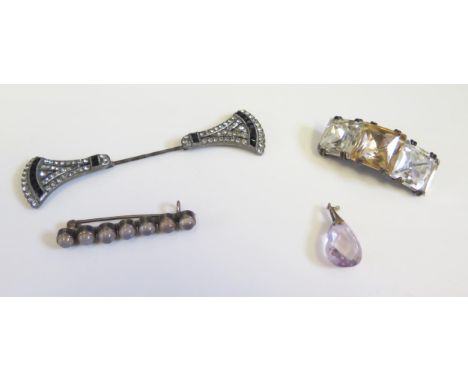 An Art Deco Silver and Paste Collar Pin (81mm) and other paste jewellery, etc. 