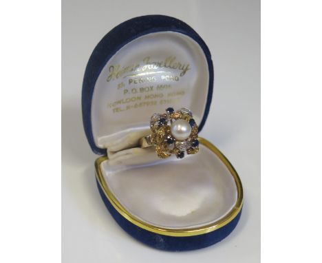 An 18K Yellow and White Gold, Sapphire and Pearl Dress Ring, 20x19mm head, size O, 8g 