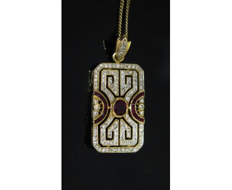 An Art Deco Style 18ct Yellow Gold, Ruby and Diamond Pave Set Pendant / Brooch with a hinged pendant drop piece (36.5mm drop 