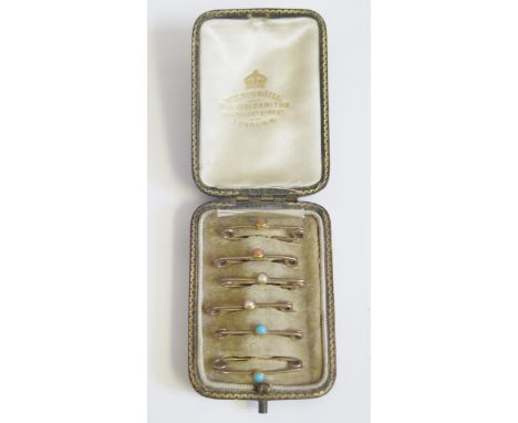 An Antique Cased Set of Six Turquoise, Coral and Pearl Collar Pins, 24mm, 4g 