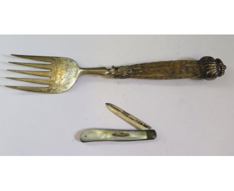 A Victorian Silver Mounted Antler Handled Serving Fork (Sheffield 1894, James Deakin &amp; Son) and Edward VII silver fruit k