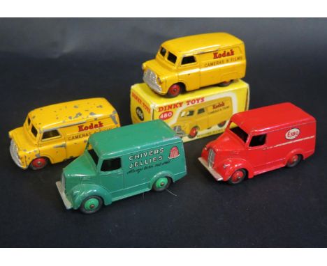 A Dinky Toys No. 480 Bedford Kodak Van x2, Trojan 'ESSO' Van and Trojan 'CHIVERS JELLIES'. Fair to good, box is good. 