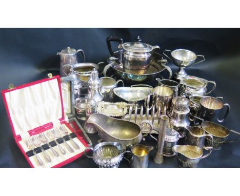 A Selection of Silver Plate including centrepiece bowl , small swing handled basket, mustards, sauce boat, etc. 