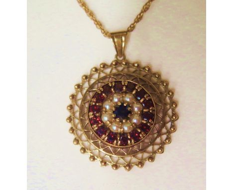 A 9ct Yellow Gold, Garnet and Pearl Target Pendant (31.5mm diam. 9g) and on a 9ct 16" chain, 3.2g 