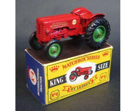 A Matchbox King Size K-4 McCormick International Tractor, Red Body, Green Wheels. Near mint+ in near mint box 