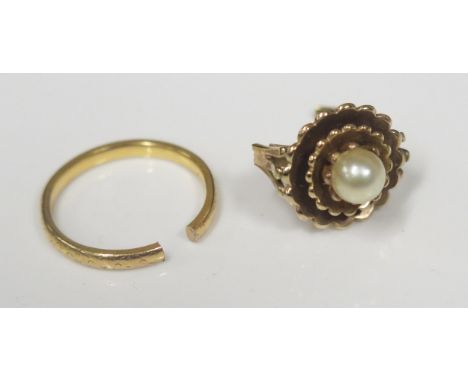 A Cut 22ct Gold Wedding band (3.4g) and damaged 9ct gold  and pearl dress ring, 5.4g 