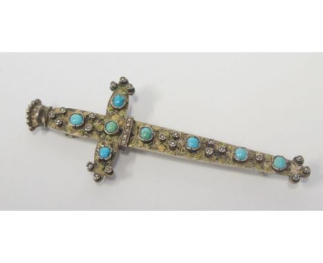 A Silver, Turquoise and Seed Pearl Cross Brooch, 9cm 