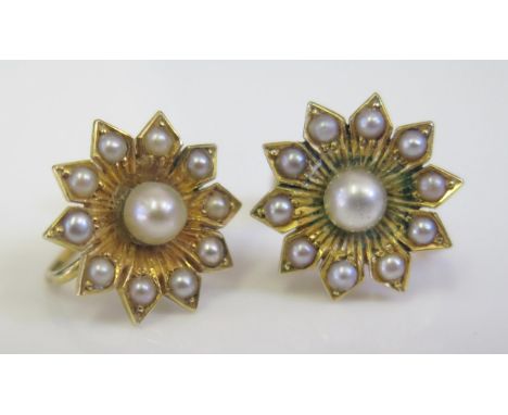A Pair of Antique 9ct Yellow Gold and Pearl Flower Head Screw Earrings, 14mm diam., 3.9g 
