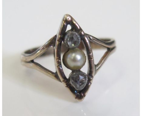 An Antique Pearl and Rose Cut Diamond Ring in an openwork unmarked gold setting, size M, 2.9g 