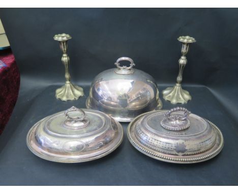 A 32cm Electroplated Silver Meat Dome, entrée dishes and pair of candlesticks 