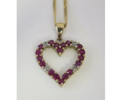 A 9ct Yellow Gold, Ruby and Diamond Heart Pendant (22mm drop) on an 18" 9ct gold chain, 3.8g 