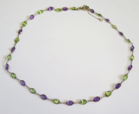 A Suffragette 9ct Yellow Gold, Amethyst and Peridot Necklace, 17.5", 7.4g 
