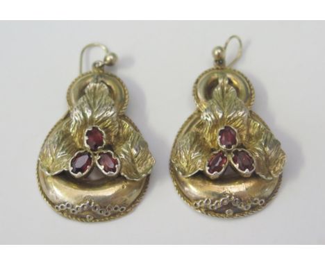 A Pair of Unmarked Silver Gilt and Garnet Pendant Earrings, c. 42mm drop, 15.1g 