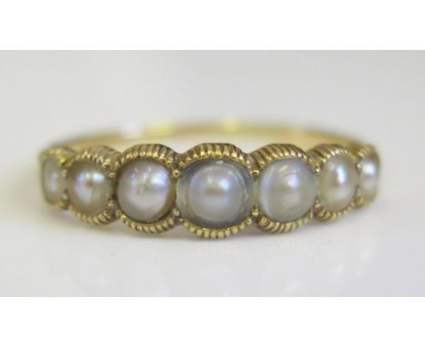 A Georgian Millegrain Set Five Pearl Ring in an unmarked gold setting, size S, 2.4g 