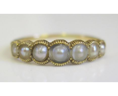 A Georgian Millegrain Set Five Pearl Ring in an unmarked gold setting, size S, 2.4g 