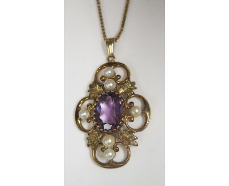 A Large 9ct Gold, Amethyst and Cultured Pearl Pendant, 48mm drop and on a 9ct 16" chain, 10.1g 
