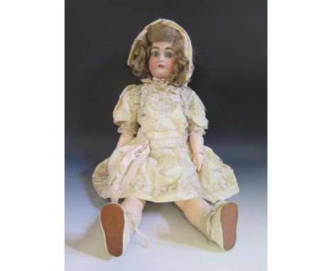 A K R Simon &amp; Halbig 76 30" Open Mouth Doll with closing eyes and fully articulated composite body in a period embroidere