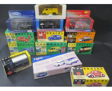 Fourteen Vanguards and Corgi Scale Model Taxis and Vans Including VW, Ford, Mini etc. 