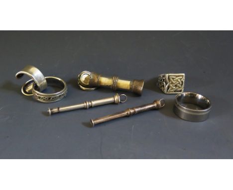 Two Silver Toothpicks, silver mounted  miniature scroll fob and rings 
